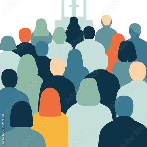 Diverse crowd gathered at a building with a cross symbol.