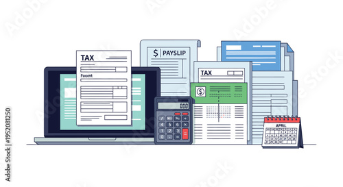 Flat lay illustration of a laptop, calculator, and various financial documents on a plain white background with a mix of blue, green, and grey colors.