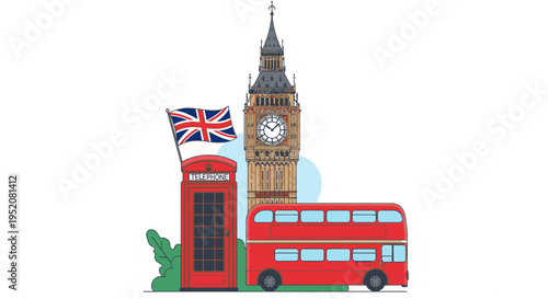 Illustration of a red double-decker bus and a red telephone booth with a British flag in front of the Elizabeth Tower in London with a white background.