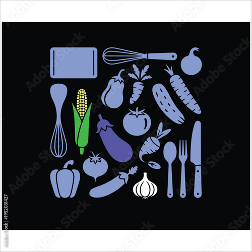 Flat of office and dental tools in blue and purple