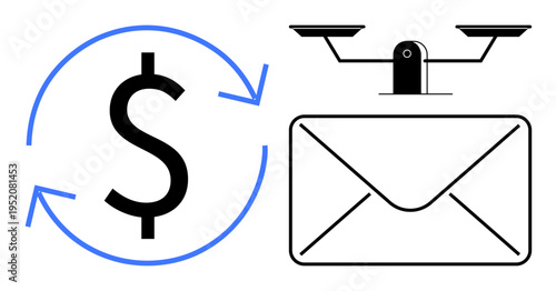 E-commerce, financial transactions, delivery logistics, postal services, online payments, communication. A dollar sign with arrows and an envelope under a scale. E-commerce and financial transactions