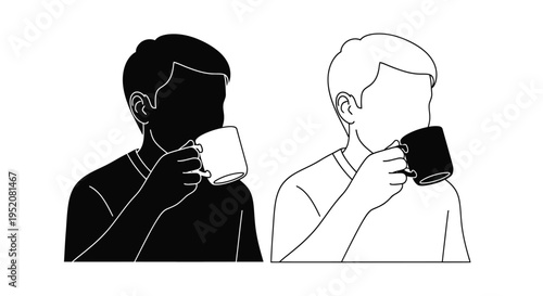 Abstract illustration depicting two simple male silhouettes enjoying beverages from mugs side by side in contrast.