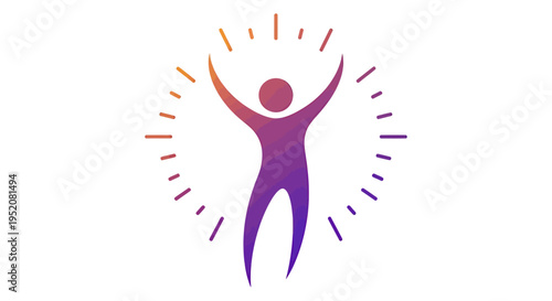 Abstract human figure with raised arms inside radiant circular burst logo design for branding and modern identity.