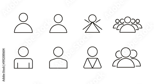 Line Art Group of People Icons Representing a Crowd and Individual Figures in Outline Style.