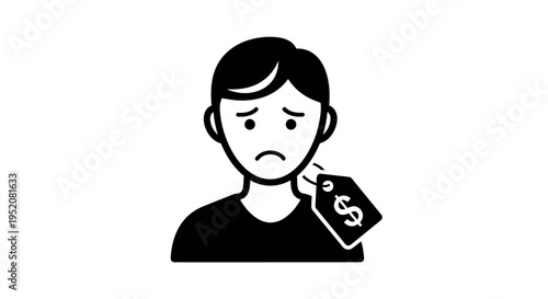 Melancholy person holding a price tag illustration expressing financial worry and emotion.