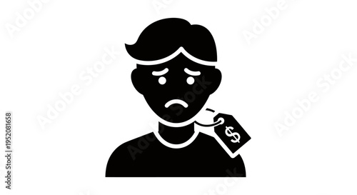 Sad man silhouette with price tag illustration suggesting debt or financial worry.