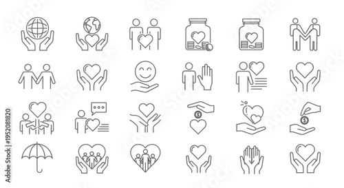 Diverse line icon collection depicting people, hands, and symbols of care and collaboration.