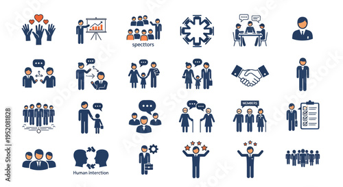 Diverse group of business professionals collaborating in meetings, planning, and teamwork icons.