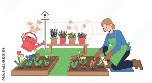 A woman kneels in a garden, planting flowers in wooden planters with a watering can nearby and a shelf of potted plants in the background, conveying a peaceful and gardening mood.