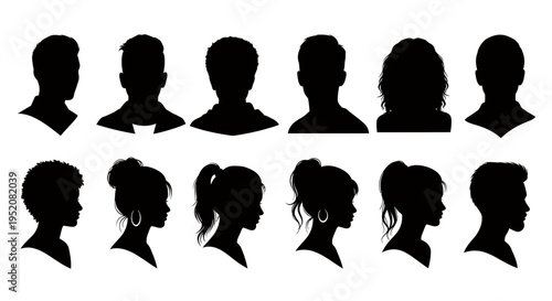 Row of Black Silhouette Profiles Forming a Monochrome People Portrait Study.
