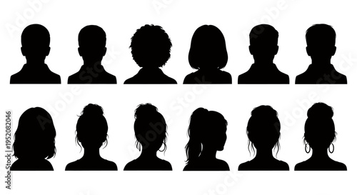 Silhouette of diverse group of people in a row, portrait silhouettes.