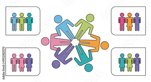 Diverse group of colorful people collaborating around circular icons to depict teamwork, unity, and collective effort in a modern vector illustration.
