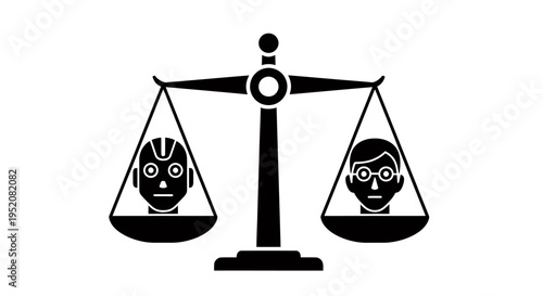 Balanced Scales with Faces: Symbolic Illustration of Justice and Fairness.