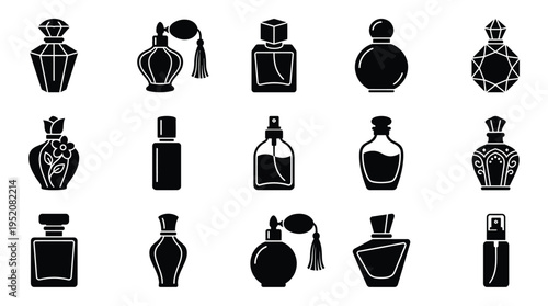 Collection of various black perfume bottles and atomizers, showcasing diverse shapes and designs.