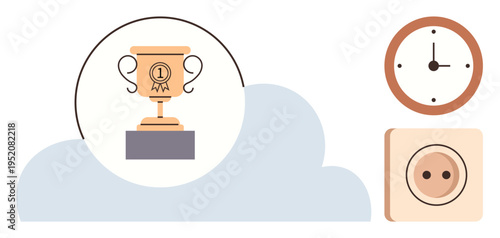 Achievement, time management, energy efficiency, goal setting, work-life balance, productivity. Trophy on a cloud with nearby clock and power outlet. Achievement and time management concepts
