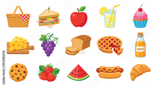 A vibrant collection of picnic food items, including a sandwich, apple, cupcake, cheese, grapes, bread, pie, juice, cookie, strawberries, watermelon, hot dog, and croissant.