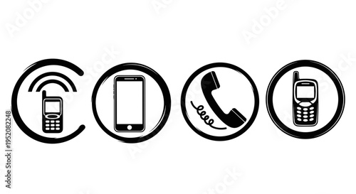 Black icons of various mobile phones.