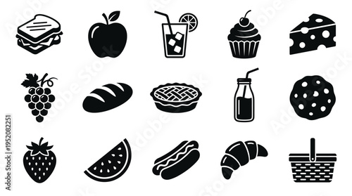 A collection of 15 black and white icons representing various food items and drinks, including fruits, baked goods, and a sandwich.