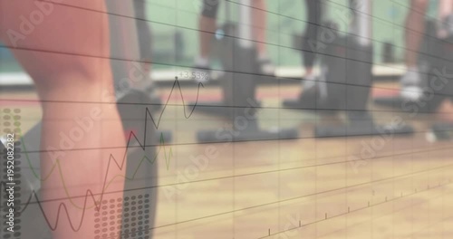 Foot pressing strap, woman stepping, animated fitness charts overlaying pedal, tracking progress