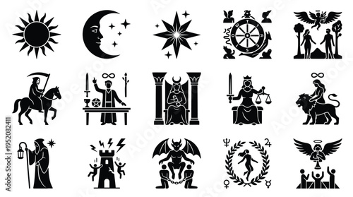 Collection of Esoteric and Mystical Symbols, Including Celestial Bodies, Tarot Archetypes, and Mythological Figures.