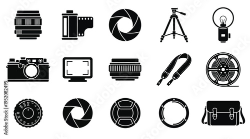 Collection of Black and White Icons Representing Photography Equipment and Accessories.