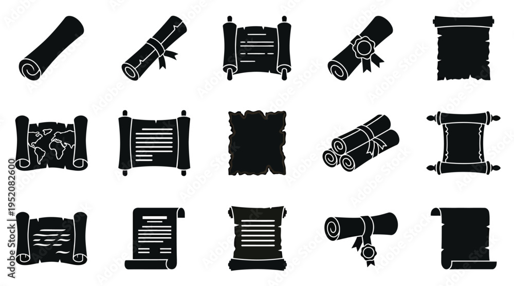 Fototapeta premium Collection of black silhouette icons representing various scrolls, documents, and maps in different states of unrolling and presentation.