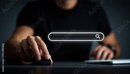 a man is reaching towards an empty search bar, ready for you to type in what you want to find an illuminated magnifying glass icon is visible inside the blank field Generative AI