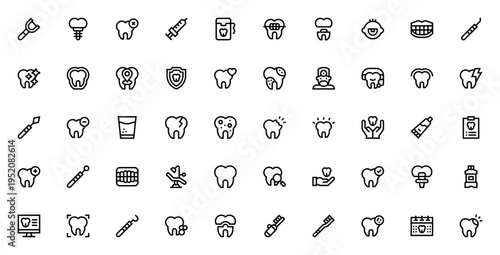 Dental Care icon set. Vector illustration pack featuring tooth, dentist, braces, implant, cavity, floss, toothpaste, X-ray, enamel and more. Editable stroke.