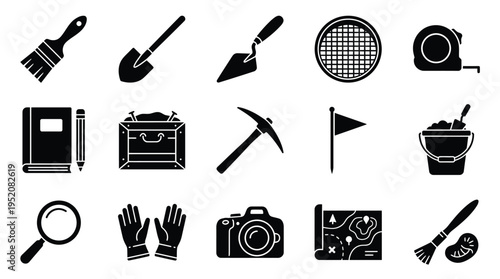 Collection of black and white icons representing archaeological tools and equipment for excavation and research.