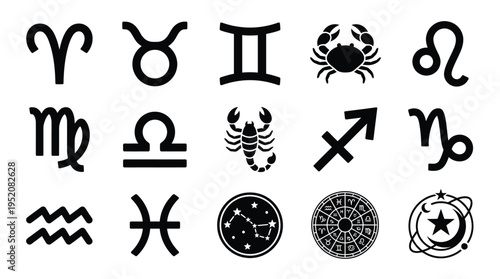 Collection of Zodiac Symbols and Astrological Charts Representing the Twelve Signs of the Zodiac.
