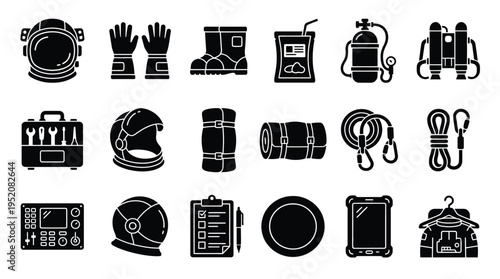 Collection of black and white icons representing various equipment and gear for outdoor activities, safety, and industrial use.
