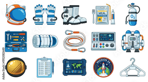 Collection of astronaut equipment and space exploration gear, including helmet, gloves, boots, tools, oxygen tank, and mission patch.