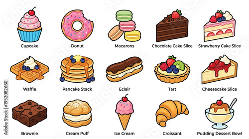 A vibrant and colorful illustration showcasing a diverse assortment of popular sweet desserts and baked goods, perfect for a bakery or confectionery theme.