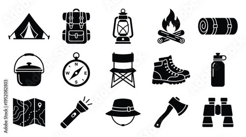 A collection of camping and outdoor adventure equipment icons, including tents, backpacks, lanterns, and navigation tools.