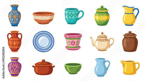 A collection of various ceramic and pottery vessels, including vases, bowls, teapots, and pitchers, displayed in a grid.
