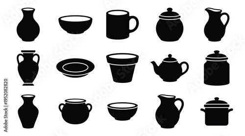 A collection of black silhouette icons representing various types of pottery and ceramic kitchenware and decorative vessels.