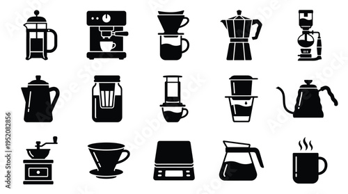 Collection of various coffee brewing equipment and accessories, including French press, espresso machine, pour-over drippers, Moka pot, grinder, and kettles.