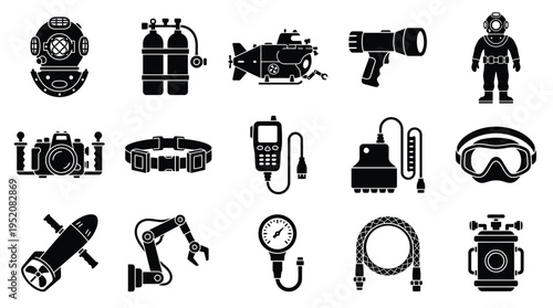 Collection of black and white icons representing various diving equipment and underwater exploration tools.