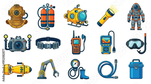Collection of underwater exploration and diving equipment, including helmets, tanks, submersibles, cameras, and tools.
