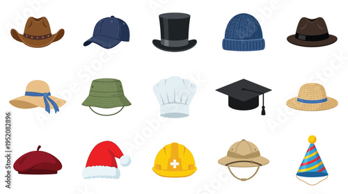 A collection of hats, including cowboy hats, baseball caps, top hats, beanies, fedoras, sun hats, bucket hats, chef hats, graduation caps, berets, Santa hats, hard hats, safari hats, and party hats.