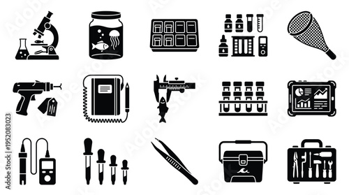 Collection of scientific and laboratory equipment icons, including microscopes, test tubes, calipers, and tools for research and analysis.