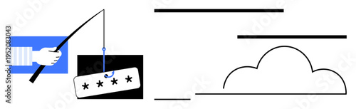 Cybersecurity, phishing dangers, data protection, cloud storage security, online threats, information safety. A hand holding a phishing hook near a cloud icon. Phishing dangers and data protection