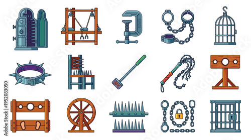 Collection of historical torture devices and medieval punishment equipment, including stocks, cages, and spiked collars.
