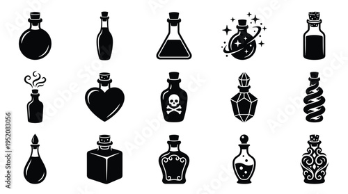 A collection of 15 black and white vector illustrations of various potion bottles, each with a unique shape and design.