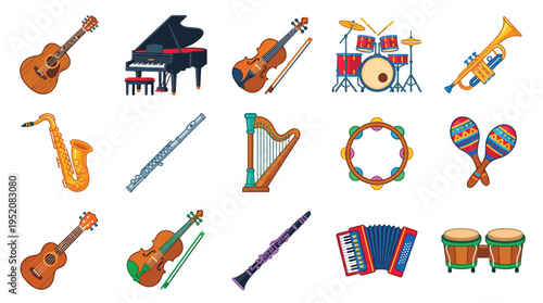 A vibrant collection of various musical instruments, including string, wind, percussion, and keyboard instruments, displayed against a white background.