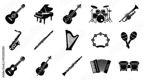 A collection of various musical instruments, including string, wind, percussion, and keyboard instruments, presented in a clean, black and white graphic style.