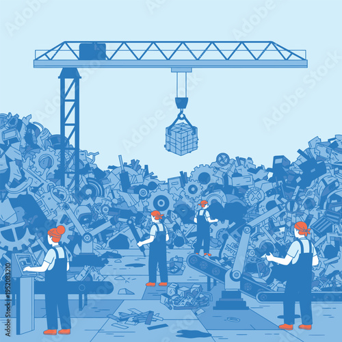 Workers operating machinery in industrial recycling facility.