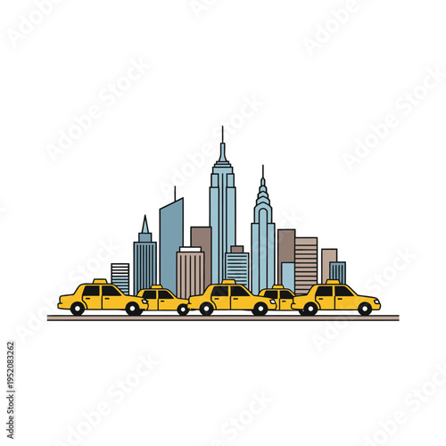 Yellow Taxis Lined Up In Front Of City Skyline.