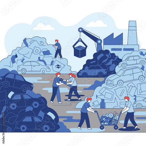 Workers recycling cars at a junkyard with heavy machinery.