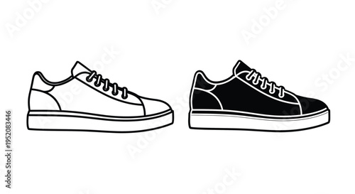 Simple vector graphic illustration featuring a pair of canvas low top sneakers displayed in both outline and solid silhouette styles